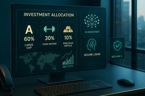 Futuristic dashboard on a monitor shows investment allocation: 60% large cap, 30% fixed income, 10% precious metals.