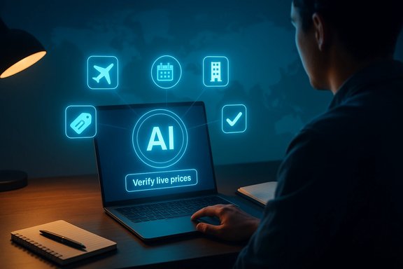 A person uses AI on a laptop to verify live prices, with glowing icons around.