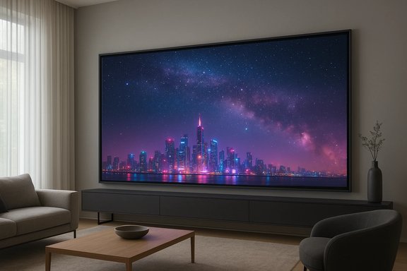 A large wall-mounted screen shows a vibrant city skyline under a starry night sky.