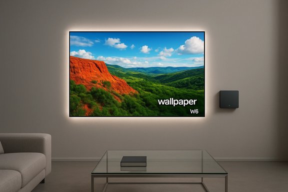 Minimalist living room with a large wall-mounted TV displaying a vibrant canyon landscape. Minimalist living room with a large wall-mounted TV displaying a vibrant canyon landscape.
