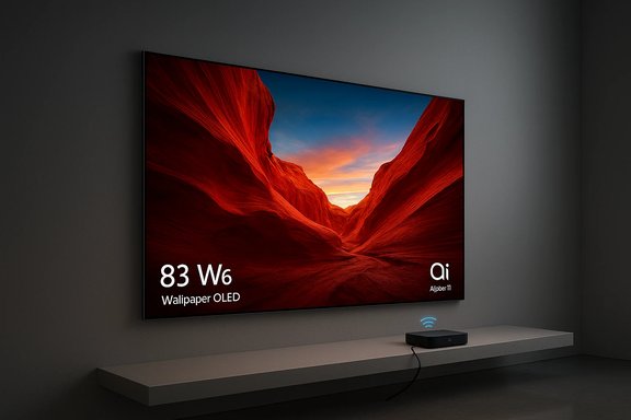 Wall-mounted OLED TV displaying a dramatic red canyon wallpaper, with a small wireless device on the shelf below. Wall-mounted OLED TV displaying a dramatic red canyon wallpaper, with a small wireless device on the shelf below.