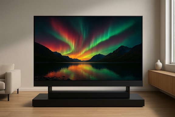 A large TV in a modern living room displays vibrant northern lights over a mountain lake.
