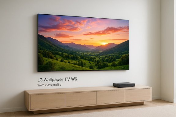 LG Wallpaper TV W6 hung on wall over a wooden media console.