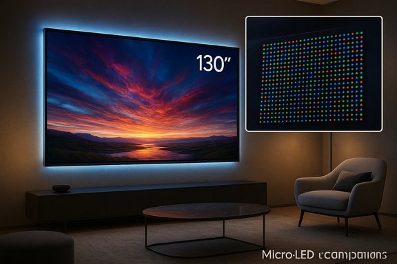 A modern living room featuring a 130-inch wall TV and a large Micro-LED display.