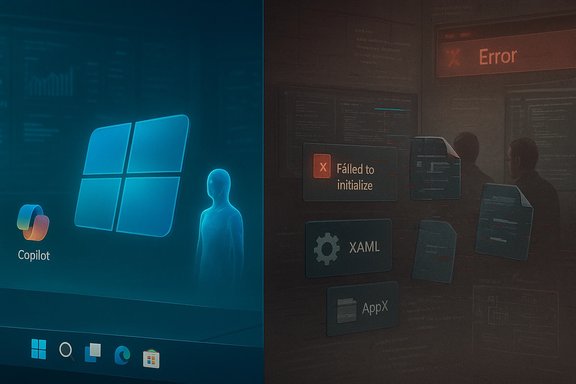 Split-screen: Windows 11 Copilot on the left and a 'Failed to initialize' error panel on the right.