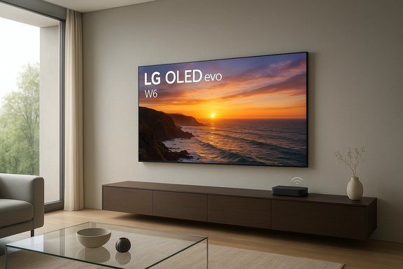 Modern living room with LG OLED evo TV displaying a sunset over the ocean above a long dark wood console. Modern living room with LG OLED evo TV displaying a sunset over the ocean above a long dark wood console.
