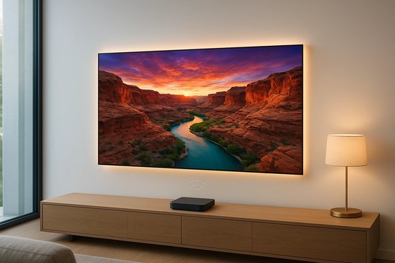 A wall-mounted TV with ambient backlighting displays a dramatic canyon sunset over a winding river. A wall-mounted TV with ambient backlighting displays a dramatic canyon sunset over a winding river.