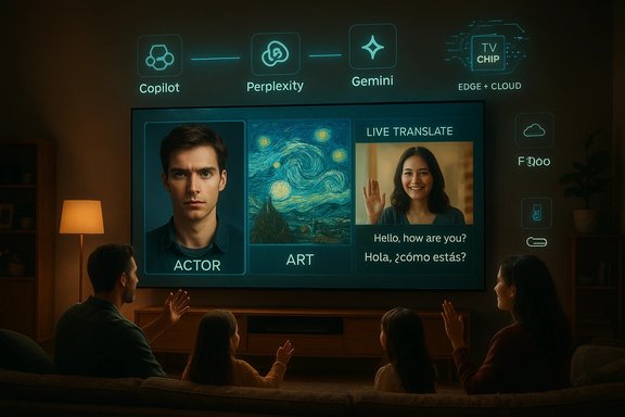 A family watches a living-room screen displaying AI panels: Actor, Art, and Live Translate.