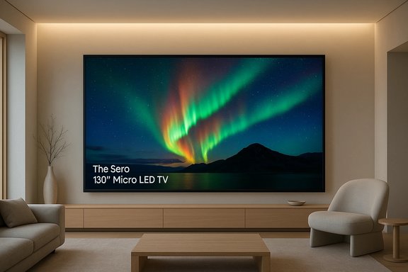 A modern living room with a large 130-inch Micro LED TV displaying the aurora borealis.