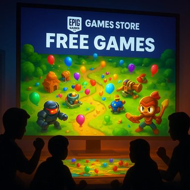 Bright Epic Games Store promo: Free Games on a big screen with colorful cartoon characters.