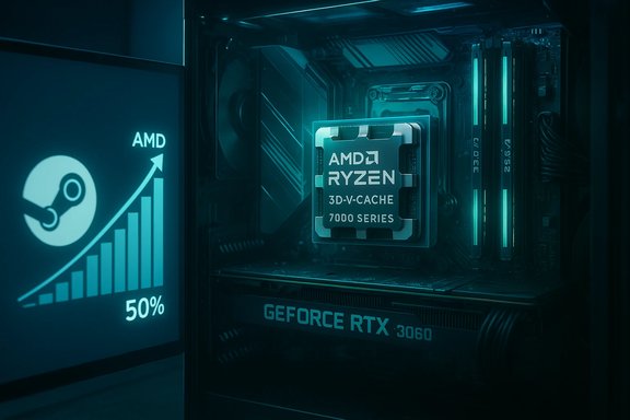 Blue-lit PC with AMD Ryzen 7000 3D-V-Cache CPU and GeForce RTX 3060 GPU.