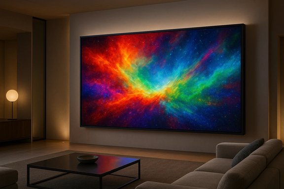 A modern living room with a large wall-mounted TV showing a vibrant space nebula. A modern living room with a large wall-mounted TV showing a vibrant space nebula.