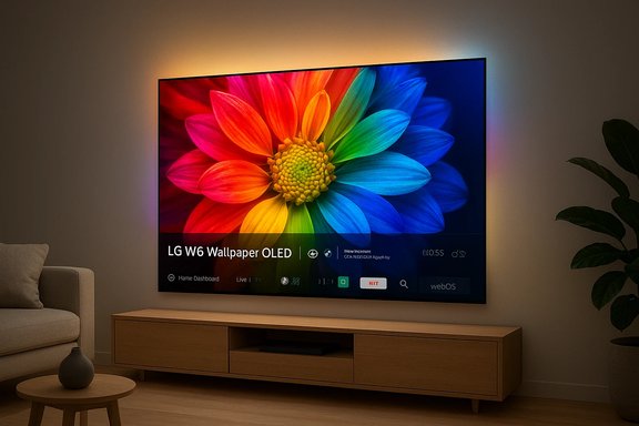 A large LG W6 OLED TV displays a vibrant rainbow flower, with wall backlighting and a wooden media console. A large LG W6 OLED TV displays a vibrant rainbow flower, with wall backlighting and a wooden media console.