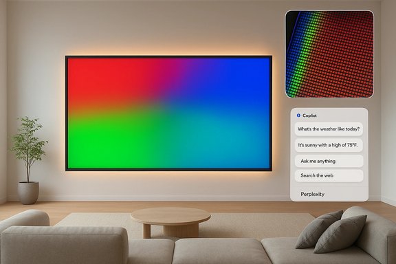 A modern living room with a large rainbow-gradient TV and a Copilot chat panel on the wall. A modern living room with a large rainbow-gradient TV and a Copilot chat panel on the wall.