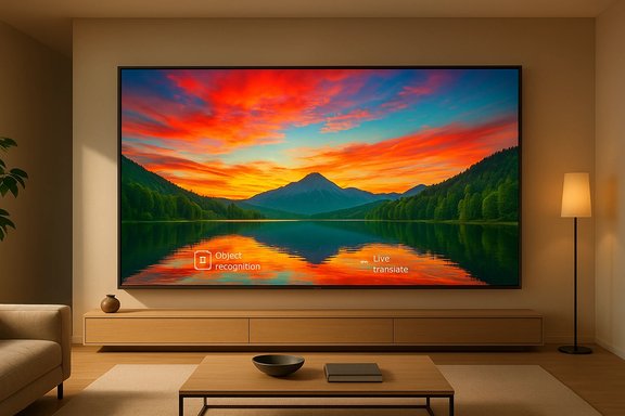 A modern living room with a large TV displaying a vibrant sunset over a mountain lake.