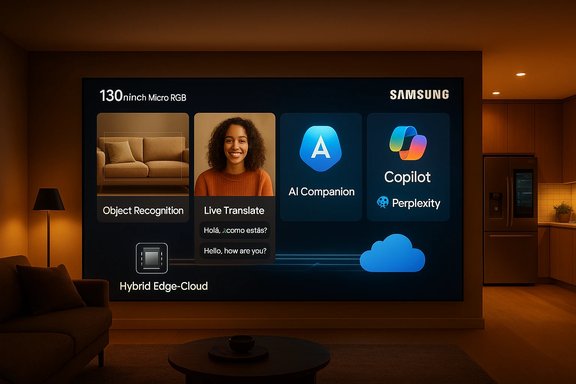 Samsung 130-inch Micro RGB wall display showcasing AI tools like Object Recognition and Live Translate.