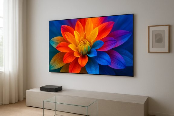 Minimal living room with a large wall-mounted TV displaying a vivid rainbow flower. Minimal living room with a large wall-mounted TV displaying a vivid rainbow flower.