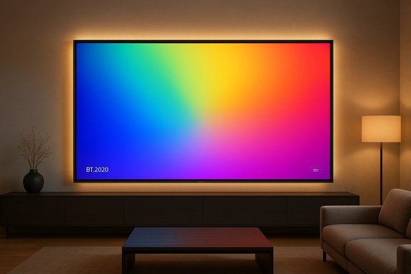 A large wall-mounted TV displays a vibrant rainbow gradient in a modern, cozy living room.