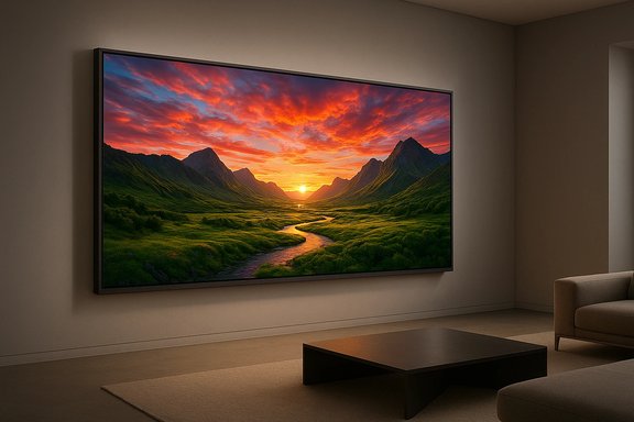 A large wall-mounted TV displays a vibrant sunset over a lush valley with a winding river. A large wall-mounted TV displays a vibrant sunset over a lush valley with a winding river.