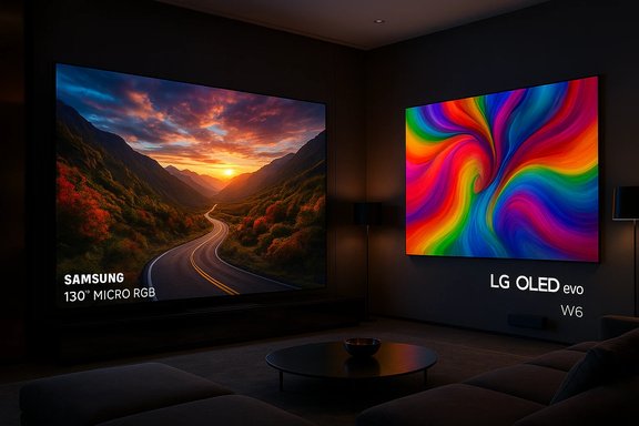 Two large TVs in a dark living room: a sunset valley on Samsung and a vibrant rainbow swirl on LG OLED.