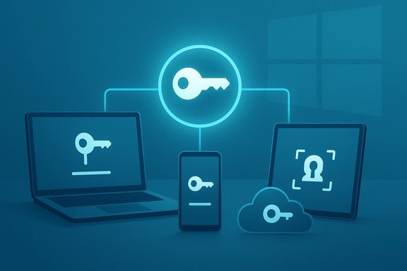 Central glowing key links devices and cloud for secure, multi-device access.