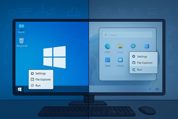 Split-screen monitor with Windows desktop on the left and a tablet-like UI on the right.