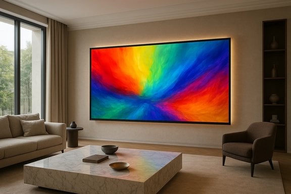 A modern living room with a large rainbow-colored display mounted above a marble coffee table. A modern living room with a large rainbow-colored display mounted above a marble coffee table.