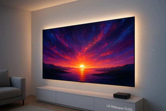 A large LG Wallpaper OLED TV with ambient backlighting, displaying a vivid sunset over a seascape. A large LG Wallpaper OLED TV with ambient backlighting, displaying a vivid sunset over a seascape.