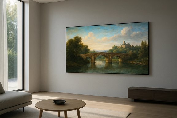 Minimalist living room with a large landscape painting of a stone-arched bridge over a river and distant castle. Minimalist living room with a large landscape painting of a stone-arched bridge over a river and distant castle.