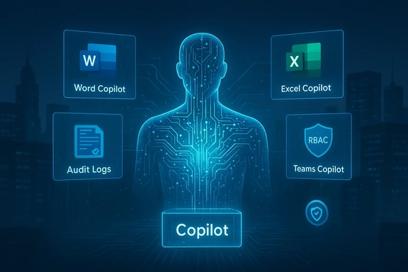 Blue holographic figure labeled Copilot, surrounded by Word, Excel, Audit Logs, and Teams Copilot icons.