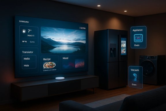 Futuristic living room with a Samsung wall display and holographic appliance controls.