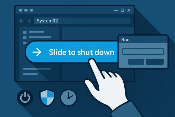 Hand slides the 'Slide to shut down' button on a Windows screen showing System32 and Run. Hand slides the 'Slide to shut down' button on a Windows screen showing System32 and Run.