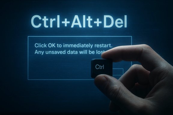 A hand holds the Ctrl key in front of a Ctrl+Alt+Del restart prompt.