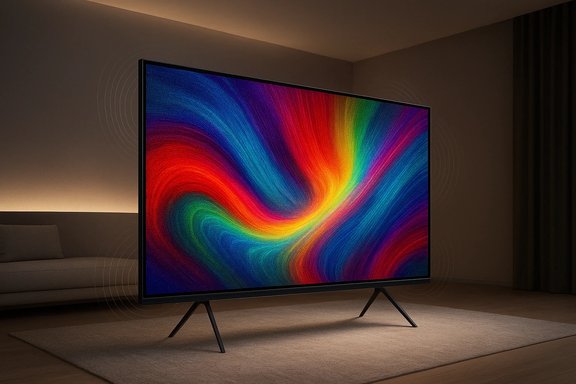 A large flat-screen TV on a stand shows a vivid rainbow swirl in a cozy living room. A large flat-screen TV on a stand shows a vivid rainbow swirl in a cozy living room.