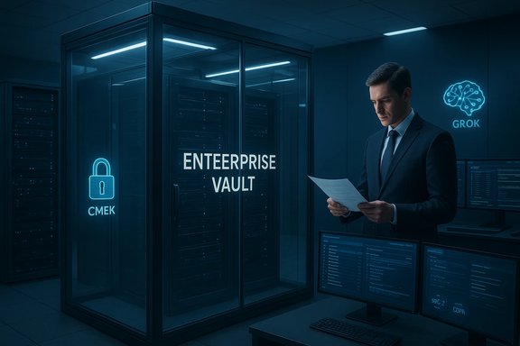 A businessman reviews documents beside a glass-encased enterprise vault in a server room.