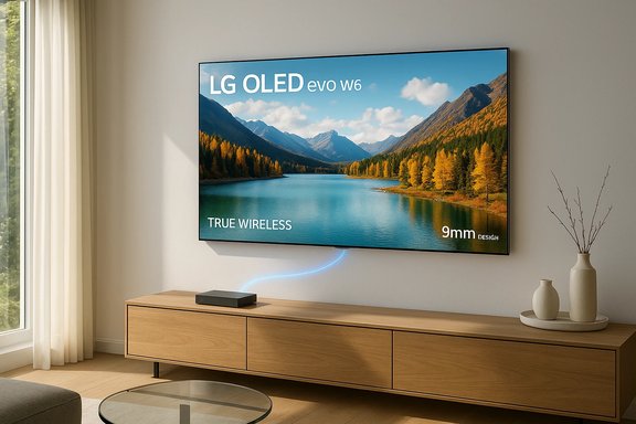 A modern living room featuring a wall-mounted LG OLED evo TV above a wooden media console. A modern living room featuring a wall-mounted LG OLED evo TV above a wooden media console.