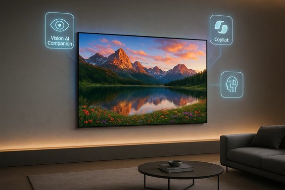 A large flatscreen shows a mountain lake as holographic Vision AI Companion and Copilot icons glow on the walls. A large flatscreen shows a mountain lake as holographic Vision AI Companion and Copilot icons glow on the walls.