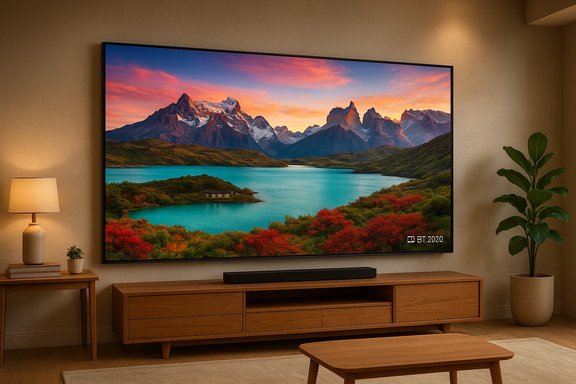 A large TV shows a vivid mountain lake landscape in a cozy wood-toned living room. A large TV shows a vivid mountain lake landscape in a cozy wood-toned living room.
