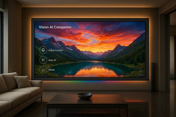 Modern living room with a large wall screen showing Vision AI Companion over a sunset mountain lake. Modern living room with a large wall screen showing Vision AI Companion over a sunset mountain lake.