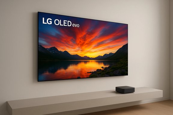 LG OLED evo TV shows a vivid sunset over mountains reflected in a lake. LG OLED evo TV shows a vivid sunset over mountains reflected in a lake.