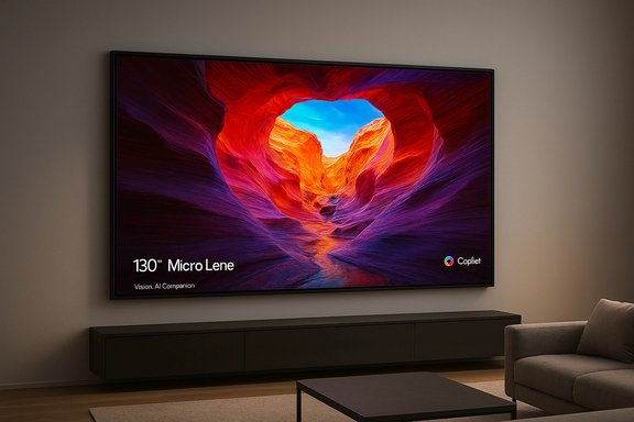 A large wall-mounted TV in a modern living room displaying a vibrant canyon landscape. A large wall-mounted TV in a modern living room displaying a vibrant canyon landscape.