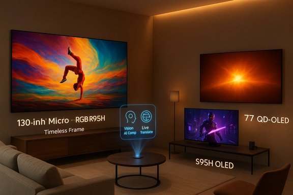 A stylish home theater with multiple large OLED displays, vibrant art, and warm ambient lighting.