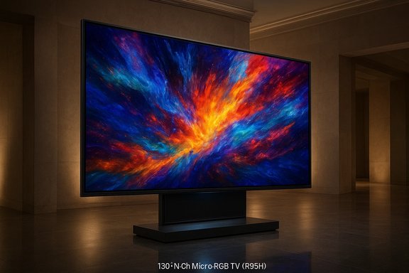 A 130-inch Micro-RGB TV on display, showing a vibrant orange-blue galaxy explosion. A 130-inch Micro-RGB TV on display, showing a vibrant orange-blue galaxy explosion.