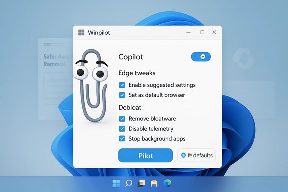 Winpilot app window with Copilot options and a blue Pilot button on Windows 11.