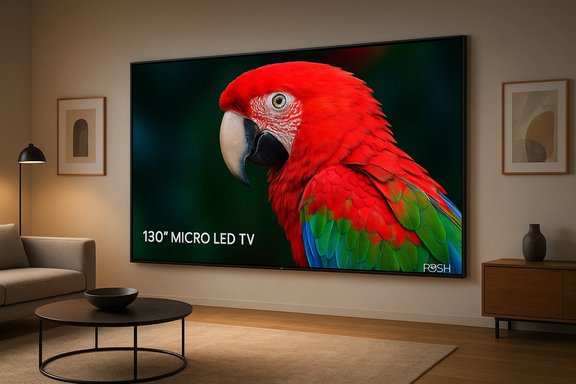 A 130-inch micro LED TV displays a close-up of a vibrant red macaw in a modern living room. A 130-inch micro LED TV displays a close-up of a vibrant red macaw in a modern living room.