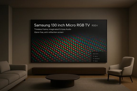 Cozy living room with a giant Samsung 130-inch Micro RGB TV displaying its features. Cozy living room with a giant Samsung 130-inch Micro RGB TV displaying its features.