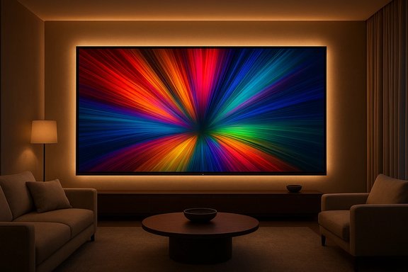 A cozy living room with a large, vibrant rainbow radial artwork on a wall-mounted screen. A cozy living room with a large, vibrant rainbow radial artwork on a wall-mounted screen.