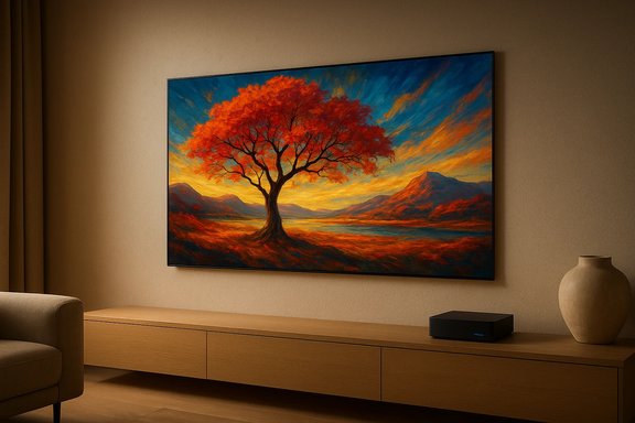 Cozy living room with a large framed sunset painting of a tree above a wooden console. Cozy living room with a large framed sunset painting of a tree above a wooden console.