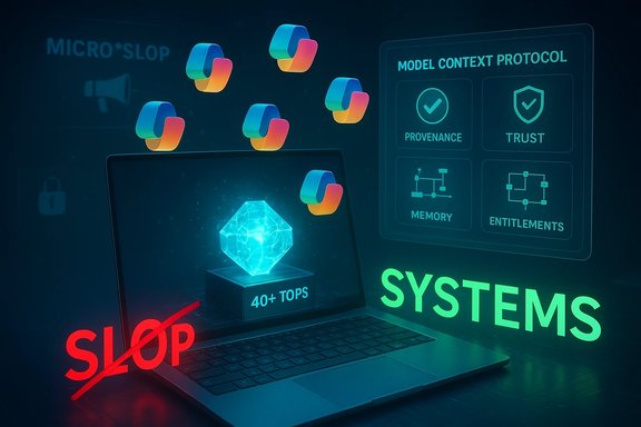 Futuristic laptop displaying 40+ TOPS, a crossed-out SLOP, and a MODEL CONTEXT PROTOCOL panel.