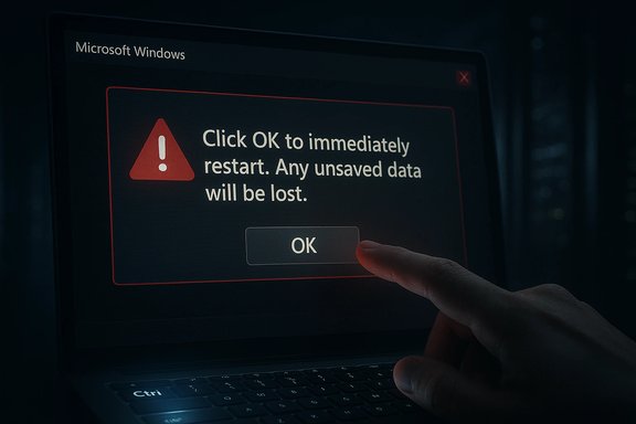 Windows warning: click OK to restart; unsaved data will be lost.